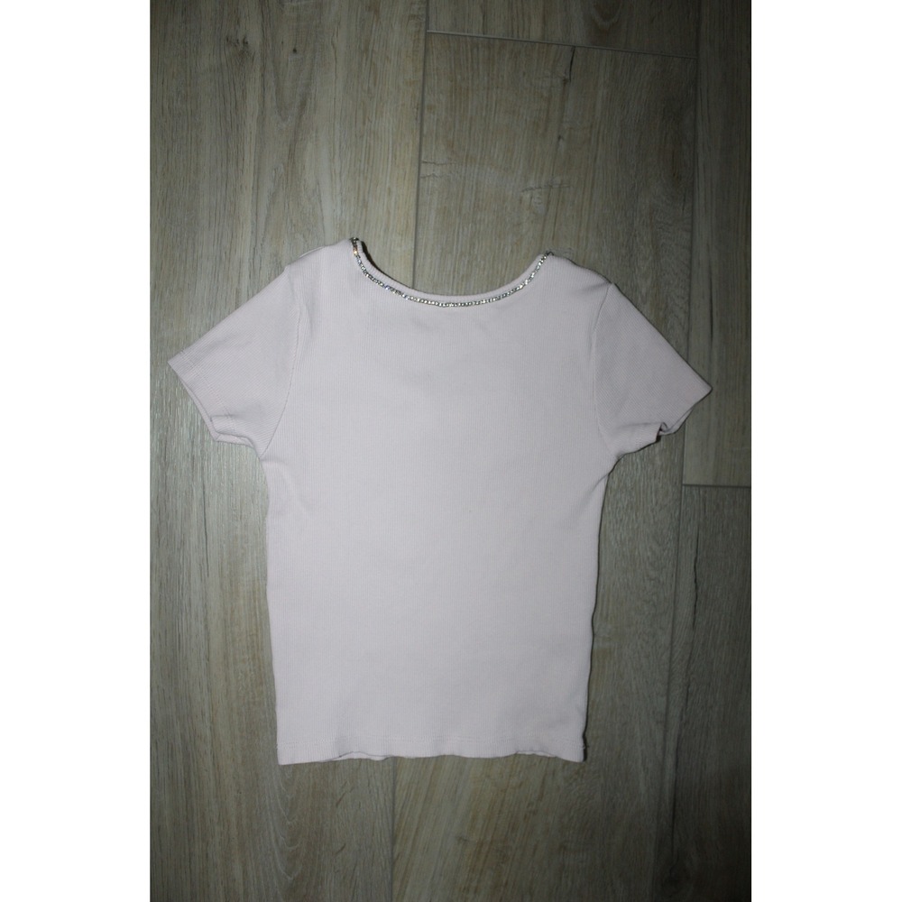 Zara Girls Light Pink Ribbed Rhinestone Neckline Scoop Back T-Shirt Size 9-10Y